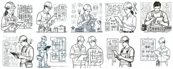 an electrical technician with line art design