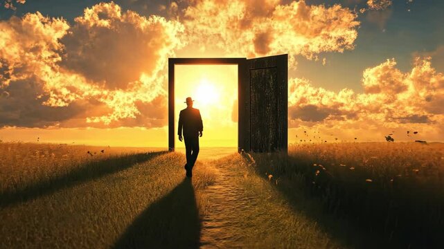Sunset silhouette of a person walking through a doorway in a golden field during evening hours