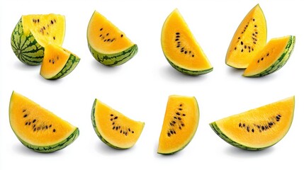 Set of Yellow Watermelon Slices Isolated on White Background with Seeds and Green Striped Skin in a Flat Lay Still Life