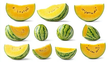 Isolated Slices of Yellow Watermelon with Green Rind on White Backdrop