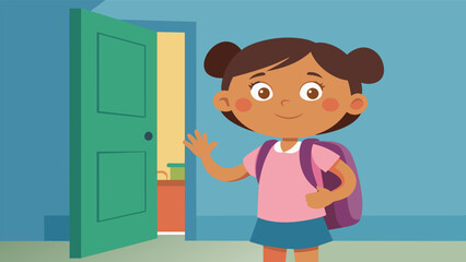 A little girl stands outside her classroom door her backpack filled with all the necessary school supplies apprehensively but excitedly waiting for. Vector illustration