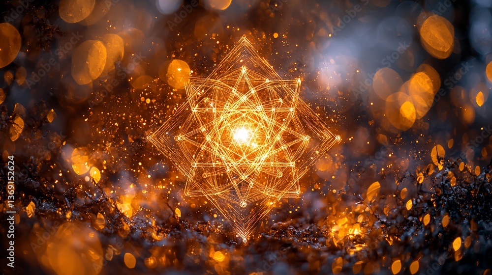 Poster glowing geometric shape in bokeh background; abstract energy concept