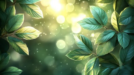Lush Green Leaves and Bokeh Background with Sunlight Filtering Through Branches in a Tranquil Natural Setting