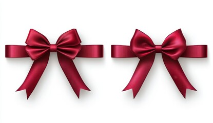 Two Shiny Red Bow Ribbons in Different Styles Placed on a White Background with Delicate Light and Shadow