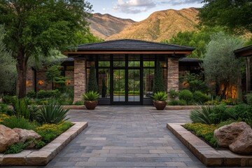 A simple industrial-style iron gate, made of black metal and glass panels for a modern look