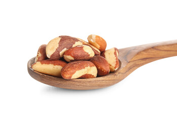 Wooden spoon with tasty Brazil nuts on white background, closeup