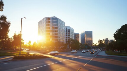 Fototapeta premium A sunset view of modern office buildings along a busy street.
