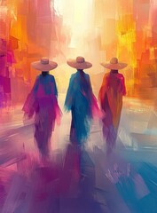 Abstract Impressionism Style of Three Women in Colorful Long Flowing Robes and Straw Hats Walking with Textured Background