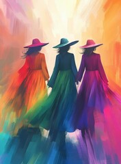 Abstract Painting of Three Women in Colorful Long Dresses with Hats Contemporary Artwork of Figures with Rainbow Hues and Elegant Silhouettes