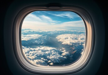 Stunning Airplane Window View of Fluffy White Clouds and Distant Mountains Under a Bright Blue Sky During Daytime