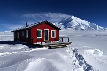 A small research station at the edge of a glacier, surrounded by snow and scientific equipment