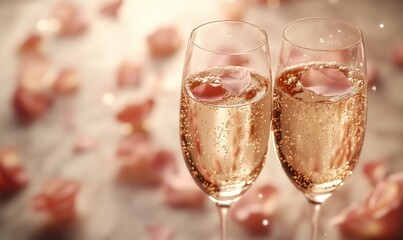 Two Champagne Glasses Filled with Golden Bubbles and Rose Petals for Celebratory Toast and Romantic Ambience with Soft Focus Background