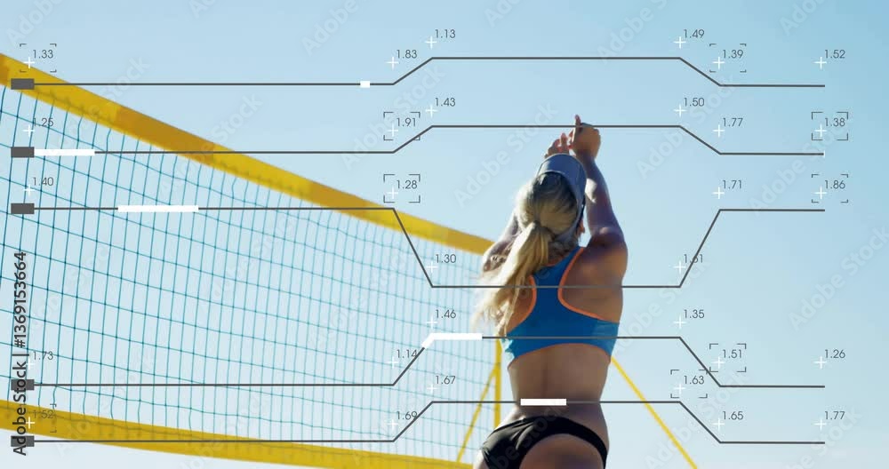 Poster jumping at net, volleyball player with animation overlay for data analysis