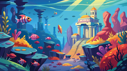 Underwater Fantasy Scene Colorful Fish Swim Near Ancient Ruins