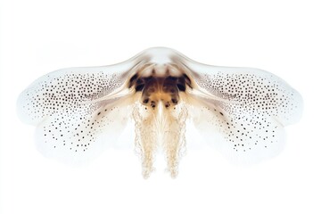 A translucent squid with speckled fins, showcasing intricate detail and delicate structure against a white backdrop.