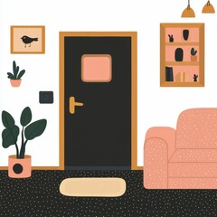 Minimalist Room Interior with Blush Pink Sofa and Dark Door