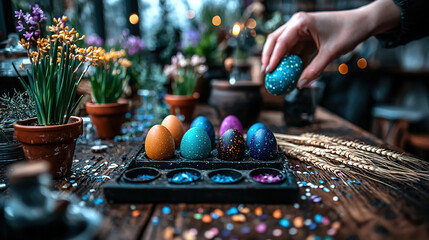 Rustic wooden table with hand-painted Easter eggs, dried wheat, hyacinths in clay pots, farmhouse style, warm earthy tones, copy space
