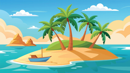 Tropical Island Paradise Calm Ocean Scene with Palm Trees and Small Boat on Sandy Beach