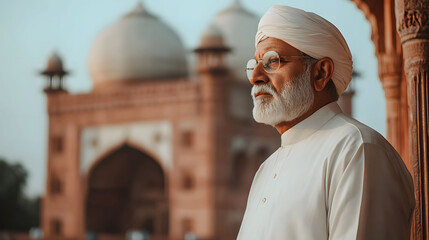 Elderly Man in Traditional Attire Contemplating Near an Ancient Mosque in India