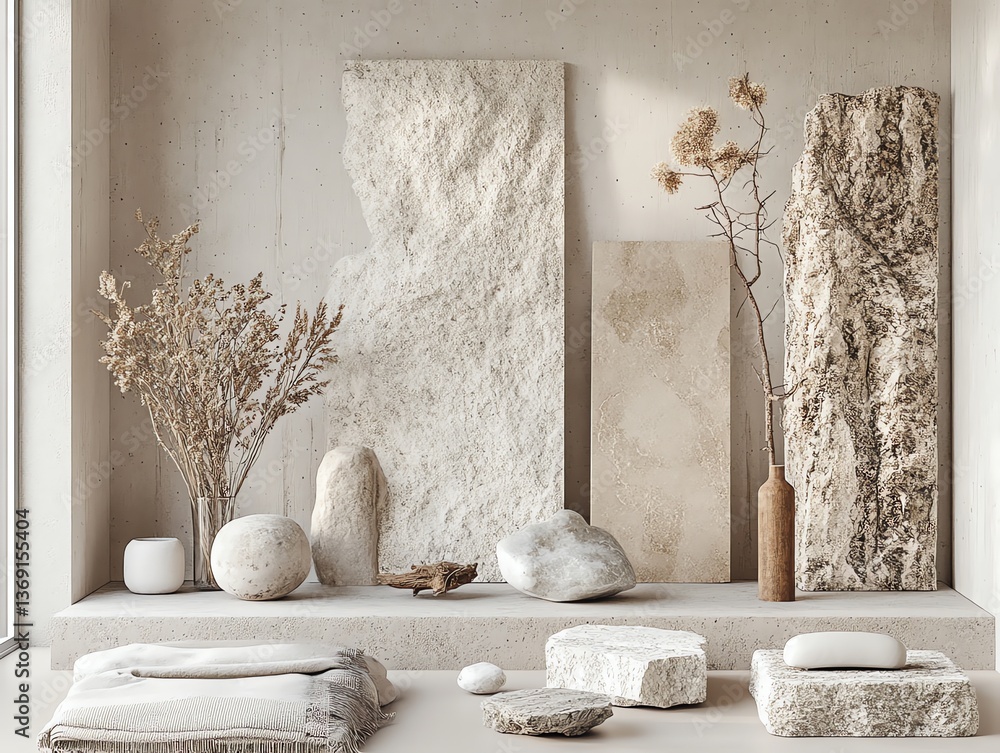 Poster stone display with decorative elements on platform for product showcase