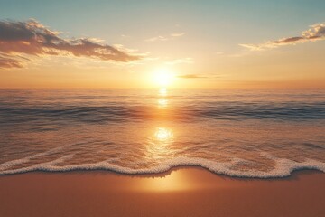 Beautiful golden sunset over a calm ocean at the beach shore