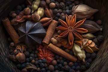 Aromatic mix of spices in a wooden bowl, including star anise, cinnamon, cloves, and peppercorns.