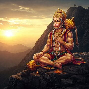 Lord Hanuman Ji Sitting on Mountain Peak, Divine Hanuman Ji Photo 4K HD, Powerful Hanuman Ji Wallpaper Background