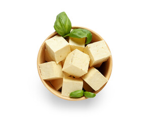 Bowl with pieces of tofu cheese isolated on white background