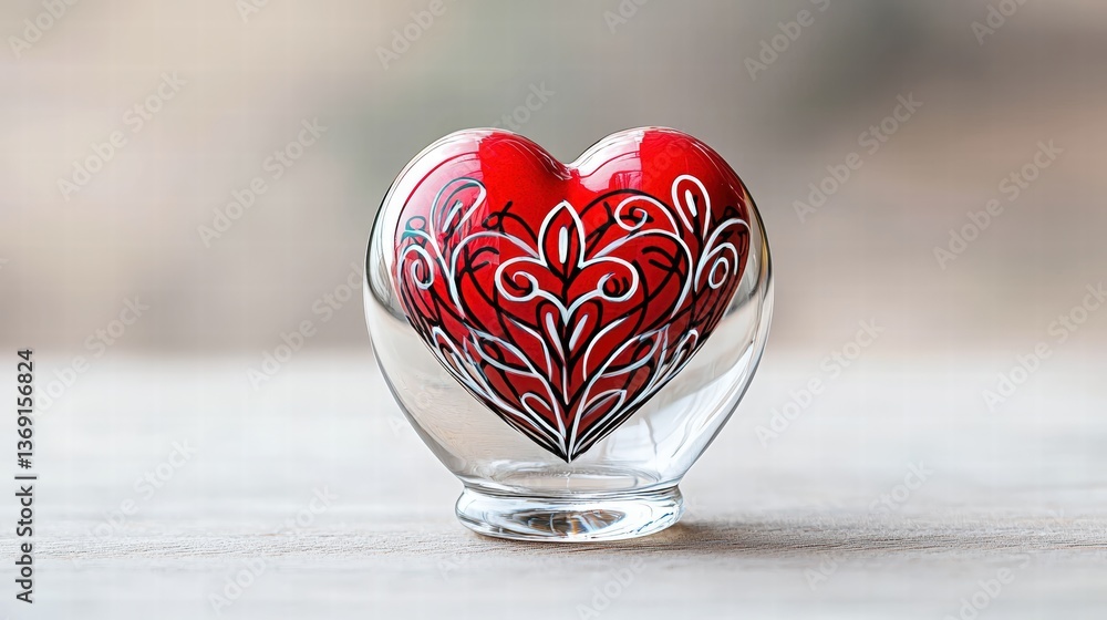 Poster heart shaped glass object reflecting light with a beautiful colorful background in soft focus