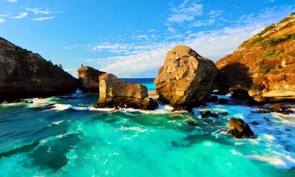 Serene Beach with Turquoise Waters and Rocky Coastline