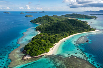 Obraz premium Aerial Panorama of a Tropical Island with White Sand Beaches and Blue Ocean