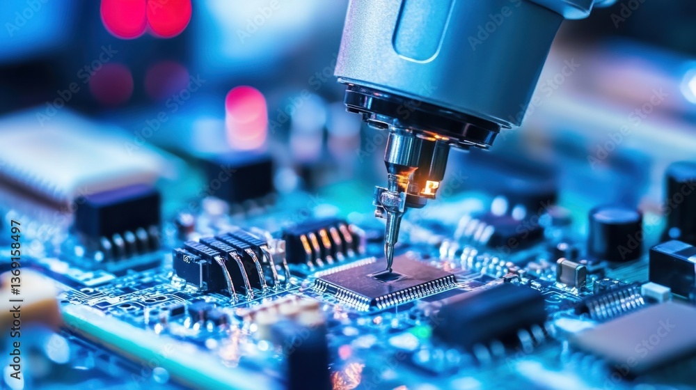 Aufkleber a close-up of an industrial robotic arm installing components on a circuit board.