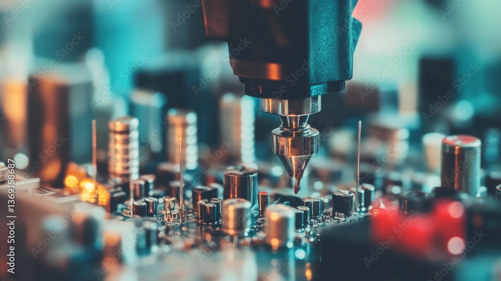 Poster a close-up of an industrial robotic gripper handling fragile electronic components.
