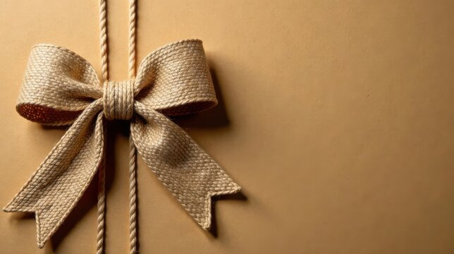 A rustic beige burlap bow tied with twine on a light brown background, a simple yet elegant design.