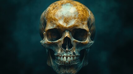 Skull, close-up, studio, dark teal background, smoky atmosphere