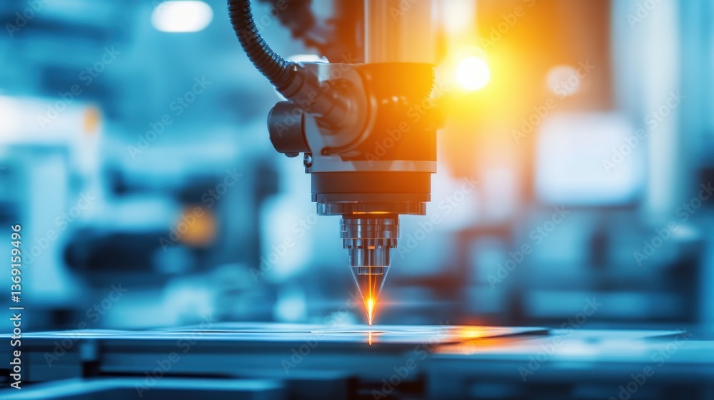 Poster a close-up of a precision laser cutting machine in an automated factory.