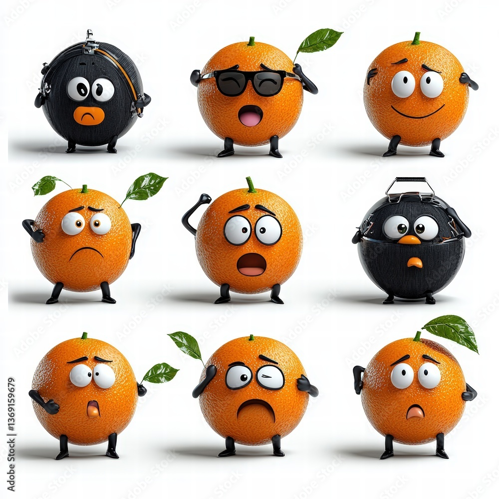Poster a playful collection of oranges featuring various expressions displaying personality and charm