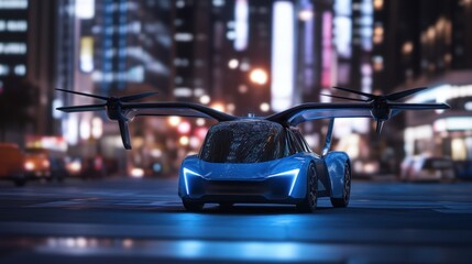 Naklejka premium Future flying car city night landing