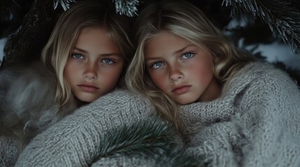 Two young girls, close together, beneath a snowy evergreen, serene expressions