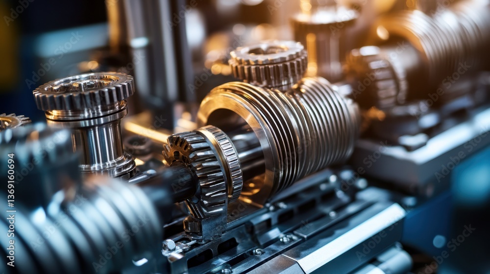 Poster a close-up of industrial machinery with complex gears and mechanical components.