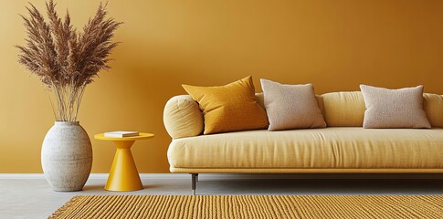 Sofa with Pillows in Room with Vase and Rug Decor