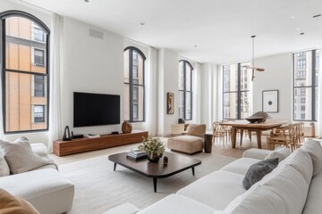 Fototapeta premium Modern apartment living room showcasing furniture and architectural features