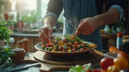 Wide angle of a chef plating a colorful vegetable dish with fresh herbs, surrounded by kitchen tools, soft spotlight on the dish