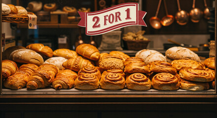 Delicious baked goods on display with a special offer sign  