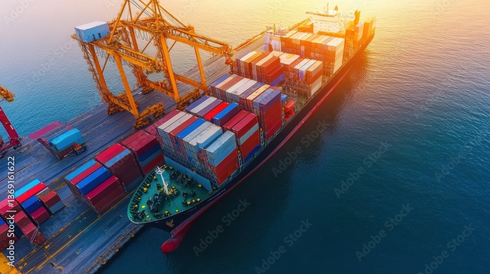 Poster a container ship unloading goods at a busy port for logistics processing.
