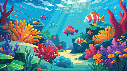 Vibrant Underwater Scene with Colorful Fish and Coral Reefs A beautiful illustration of ocean life