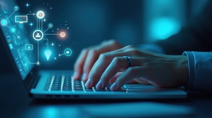 Hands typing on keyboard, holograms of graphs above screen, futuristic tech vibe, cool blue light.