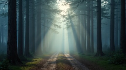 Obraz premium Forest path with tall pines, morning fog, light rays through branches, serene ethereal vibe.