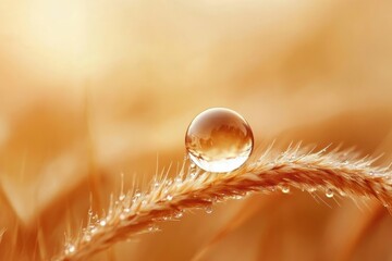 Fototapeta premium A large dewdrop rests on a slender, golden-brown blade of grass at sunrise, reflecting the warm light.