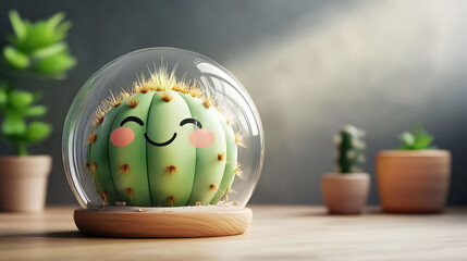 Smiling Cactus in a Glass Dome: A Delightful Desk Decor